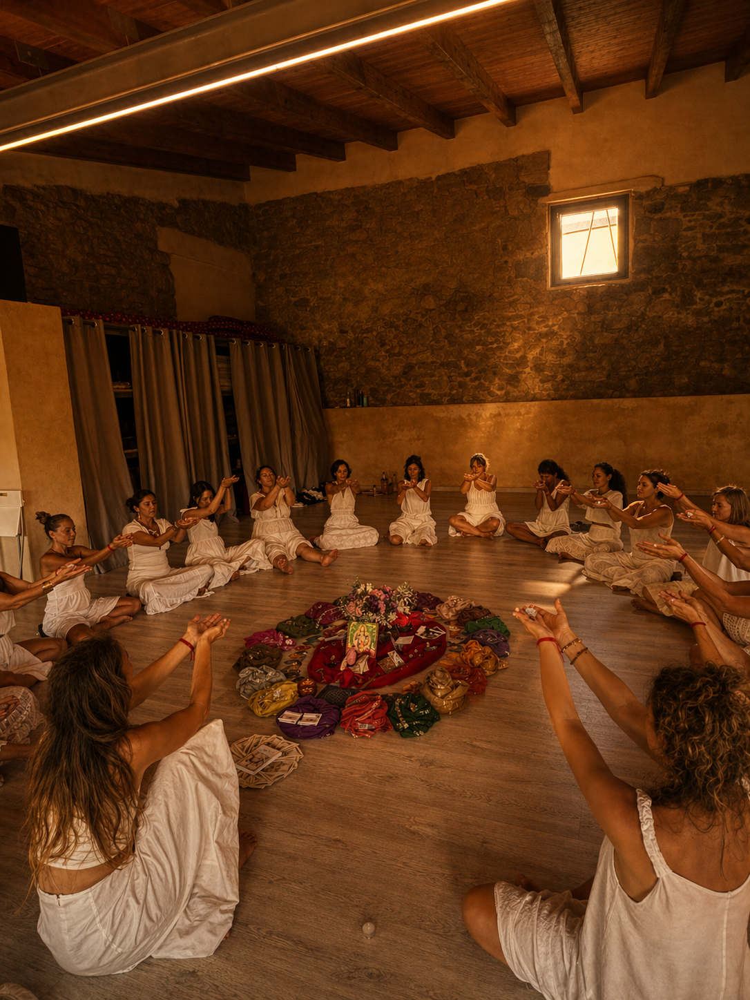 Círculo de mujeres alrededor de un altar en una sesión de Danza Útera®